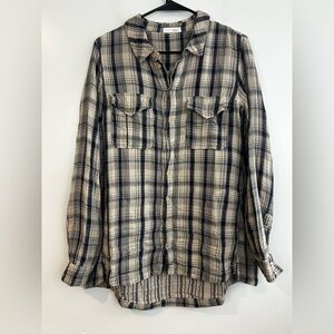 Free People X CP Shades Beige and Dark Navy Blue Plaid Button Down Shirt Size M